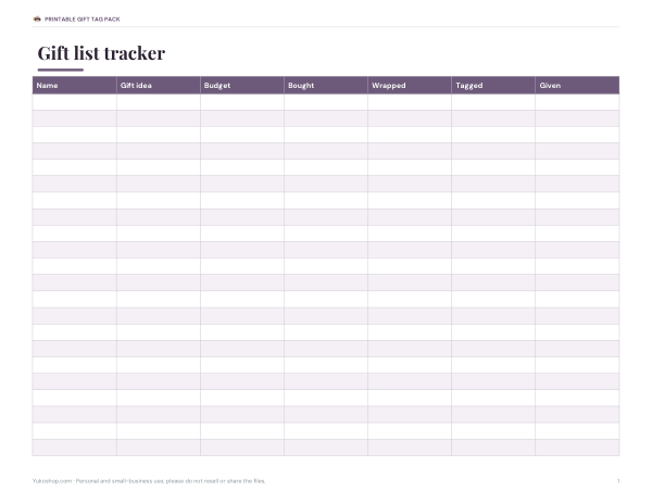 Preview of Printable Gift List Tracker